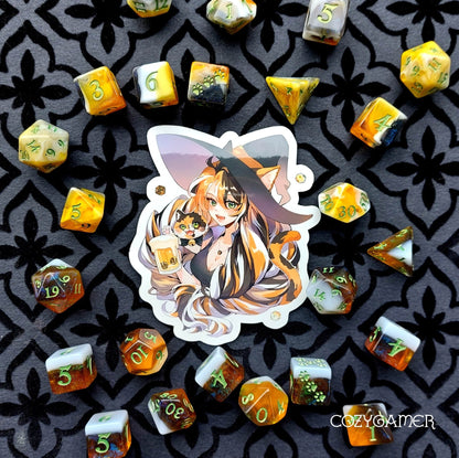 Calico Cat Witch Brewster Sticker – 3" x 2.5" White Background Vinyl Decal - Fennek and Finch