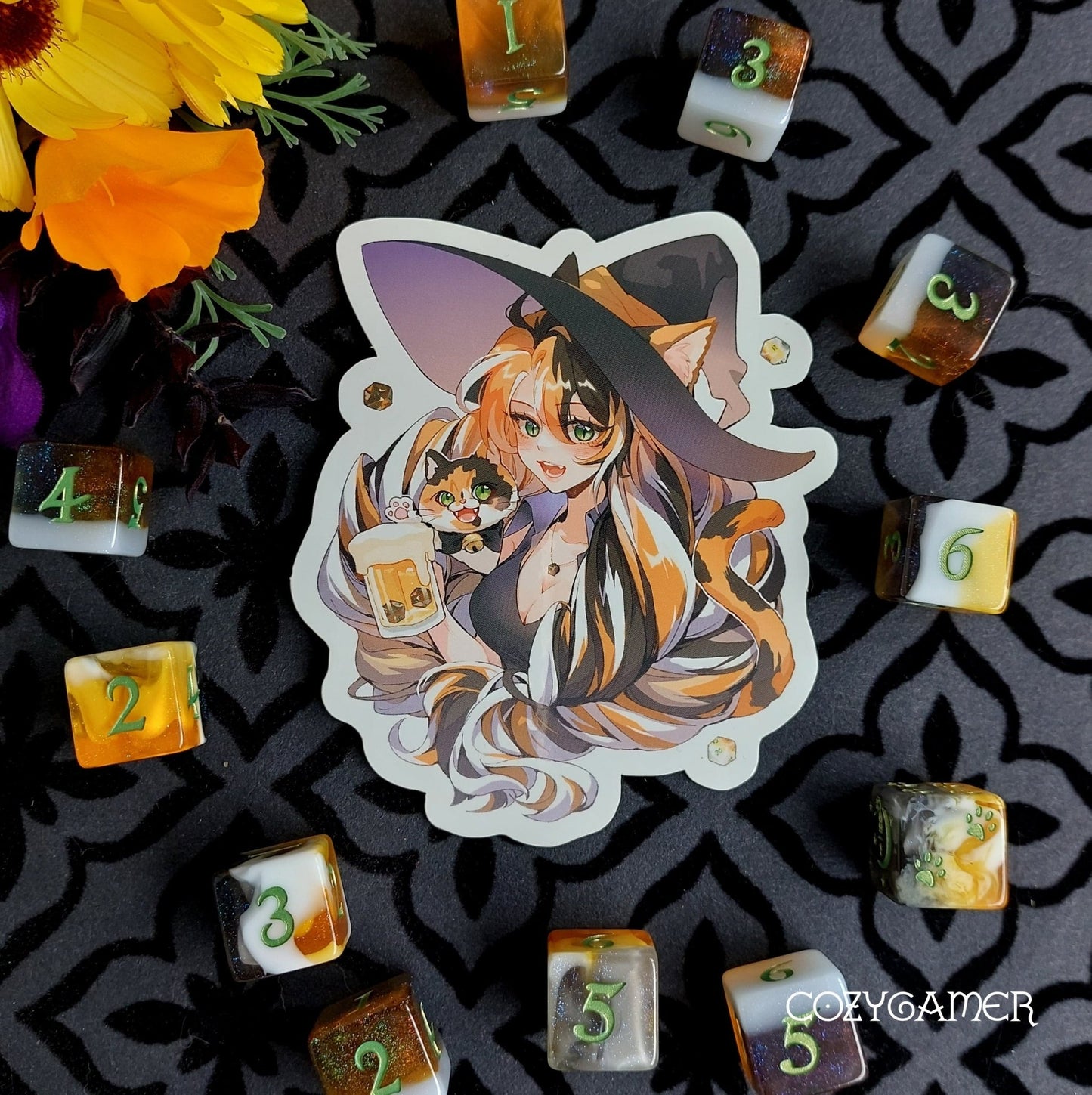 Calico Cat Witch Brewster Sticker – 3" x 2.5" White Background Vinyl Decal - Fennek and Finch