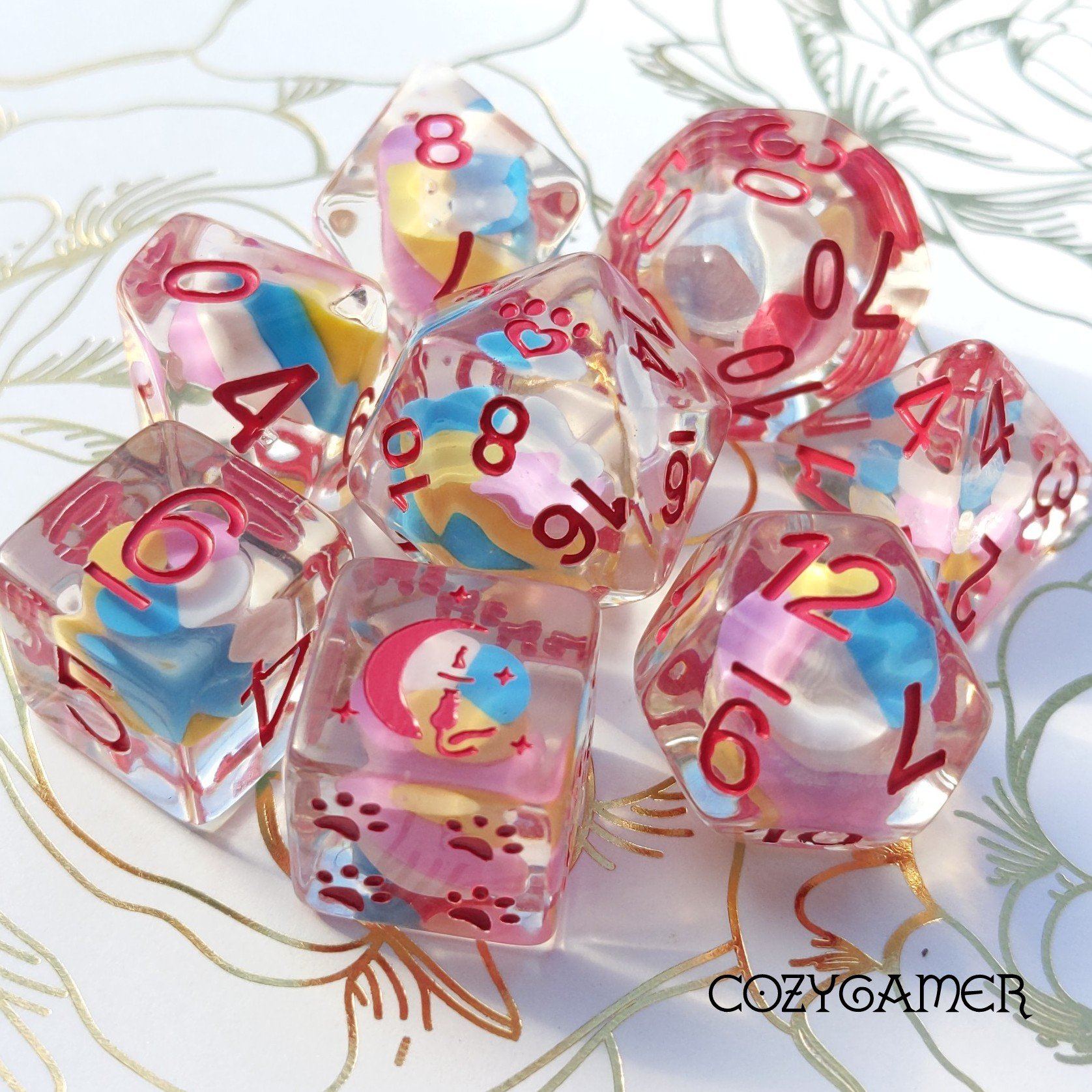 Candy Swirl Dice Set. 8 Piece pink white and blue candy dice set.