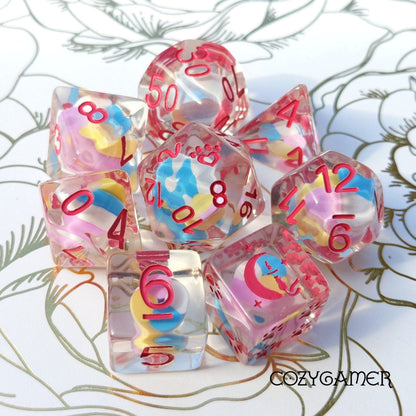 Candy Swirl Dice Set. 8 Piece pink white and blue candy dice set. Dice sets Fennek and Finch