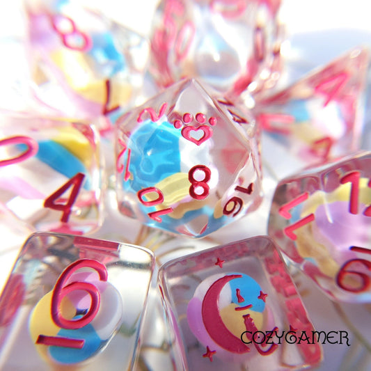 Candy Swirl Dice Set. 8 Piece pink white and blue candy dice set. Dice sets Fennek and Finch