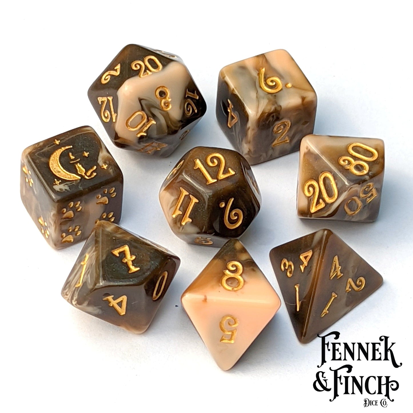 Caramel Macchiato Dice Set. 8 Piece Chocolate Resin TTRPG Dice Set