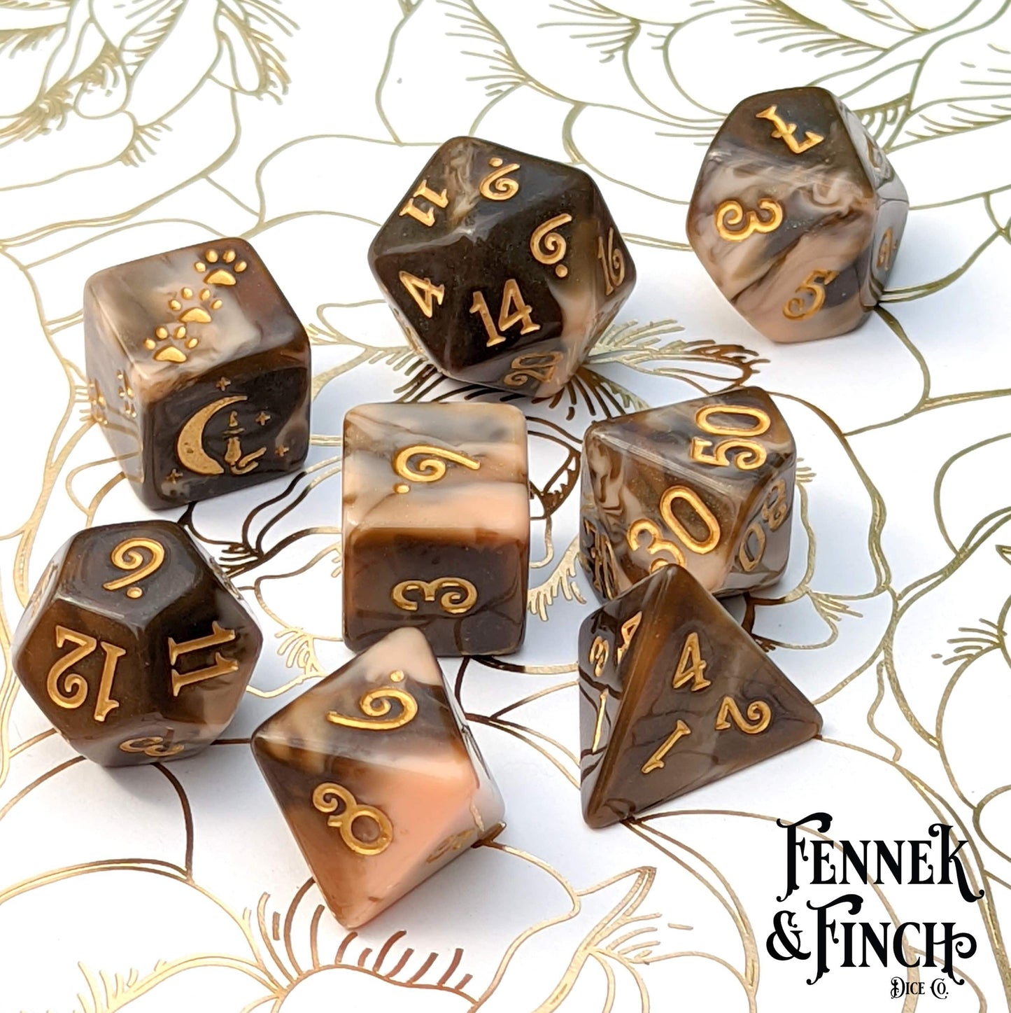 Caramel Macchiato Dice Set. 8 Piece Chocolate Resin TTRPG Dice Set