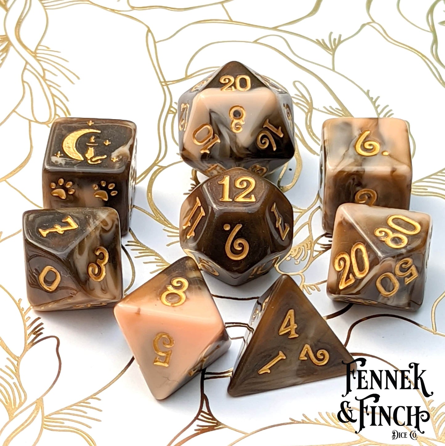 Caramel Macchiato Dice Set. 8 Piece Chocolate Resin TTRPG Dice Set