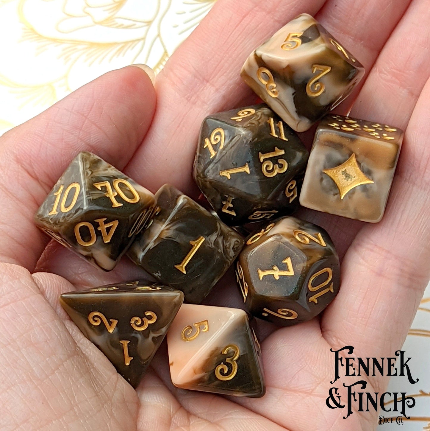 Caramel Macchiato Dice Set. 8 Piece Chocolate Resin TTRPG Dice Set