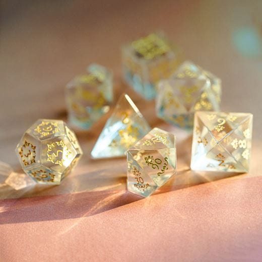 Carved Glass Dice Set. Semi Precious Gemstone 7 Piece TTRPG Dice - CozyGamer