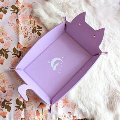 Cat Dice Tray in Lilac | Foldable PU Leather Rolling Tray for DnD - Fennek and Finch