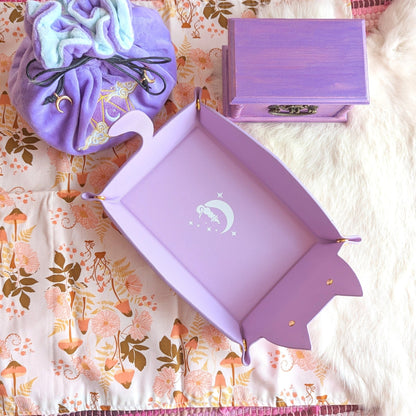 Cat Dice Tray in Lilac | Foldable PU Leather Rolling Tray for DnD - Fennek and Finch
