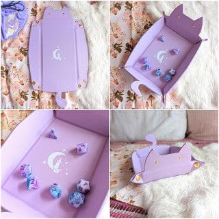 Cat Dice Tray in Lilac | Foldable PU Leather Rolling Tray for DnD - Fennek and Finch