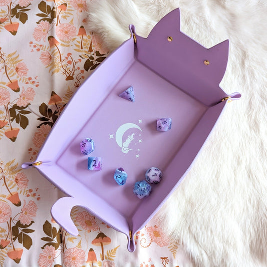 Cat Dice Tray in Lilac | Foldable PU Leather Rolling Tray for DnD Dice Bags & Accessories Fennek and Finch