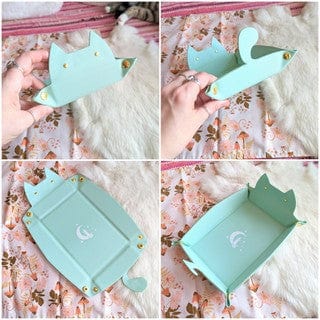 Cat Dice Tray in Mint | Foldable PU Leather Rolling Tray for DnD - Fennek and Finch