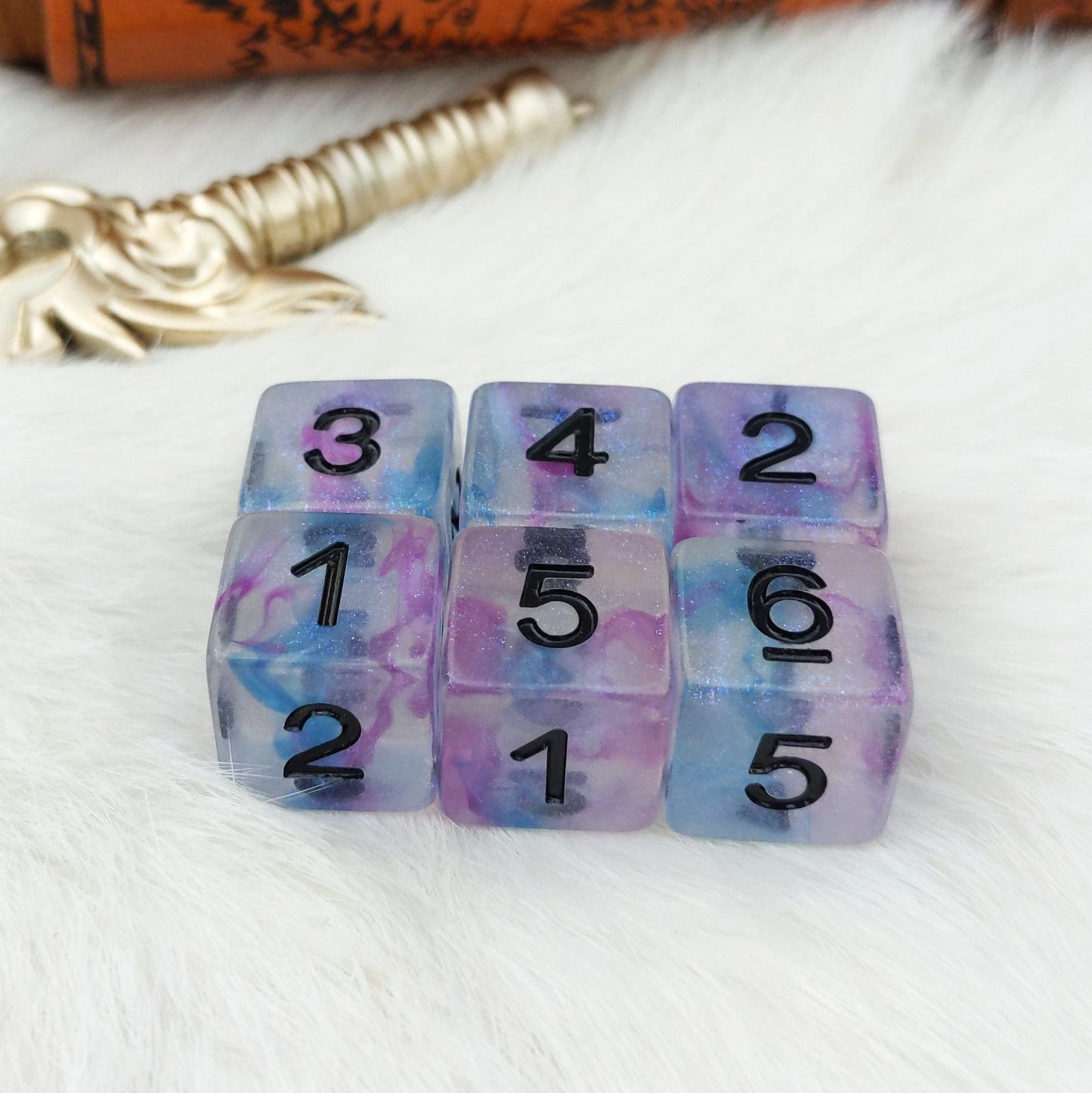 Ceremonial Chrome D6 Set – 6-Piece Clear Micro Shimmer Blue Purple Ink Black Font Dice Sets & Games Fennek and Finch