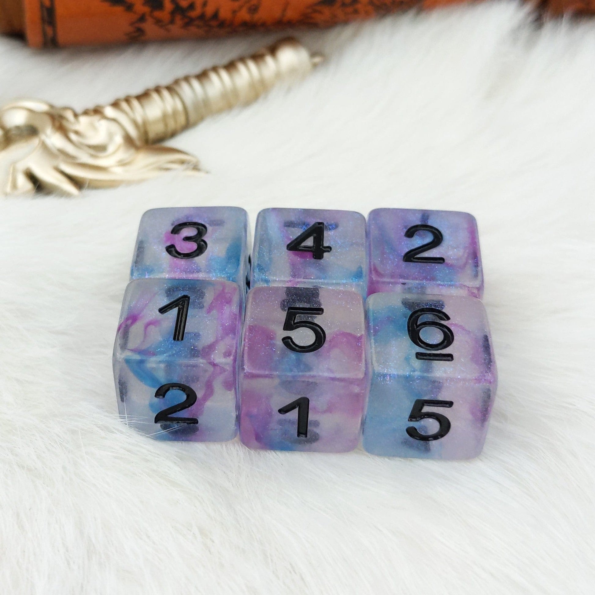 Ceremonial Chrome D6 Set – 6-Piece Clear Micro Shimmer Blue Purple Ink Black Font Dice Sets & Games Fennek and Finch