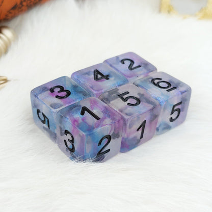 Ceremonial Chrome D6 Set – 6-Piece Clear Micro Shimmer Blue Purple Ink Black Font Dice Sets & Games Fennek and Finch