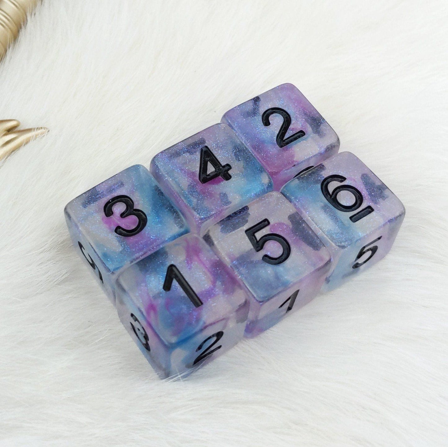 Ceremonial Chrome D6 Set – 6-Piece Clear Micro Shimmer Blue Purple Ink Black Font Dice Sets & Games Fennek and Finch