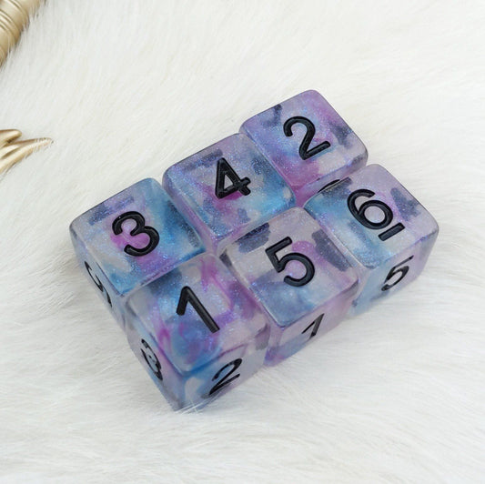 Ceremonial Chrome D6 Set – 6-Piece Clear Micro Shimmer Blue Purple Ink Black Font Dice Sets & Games Fennek and Finch