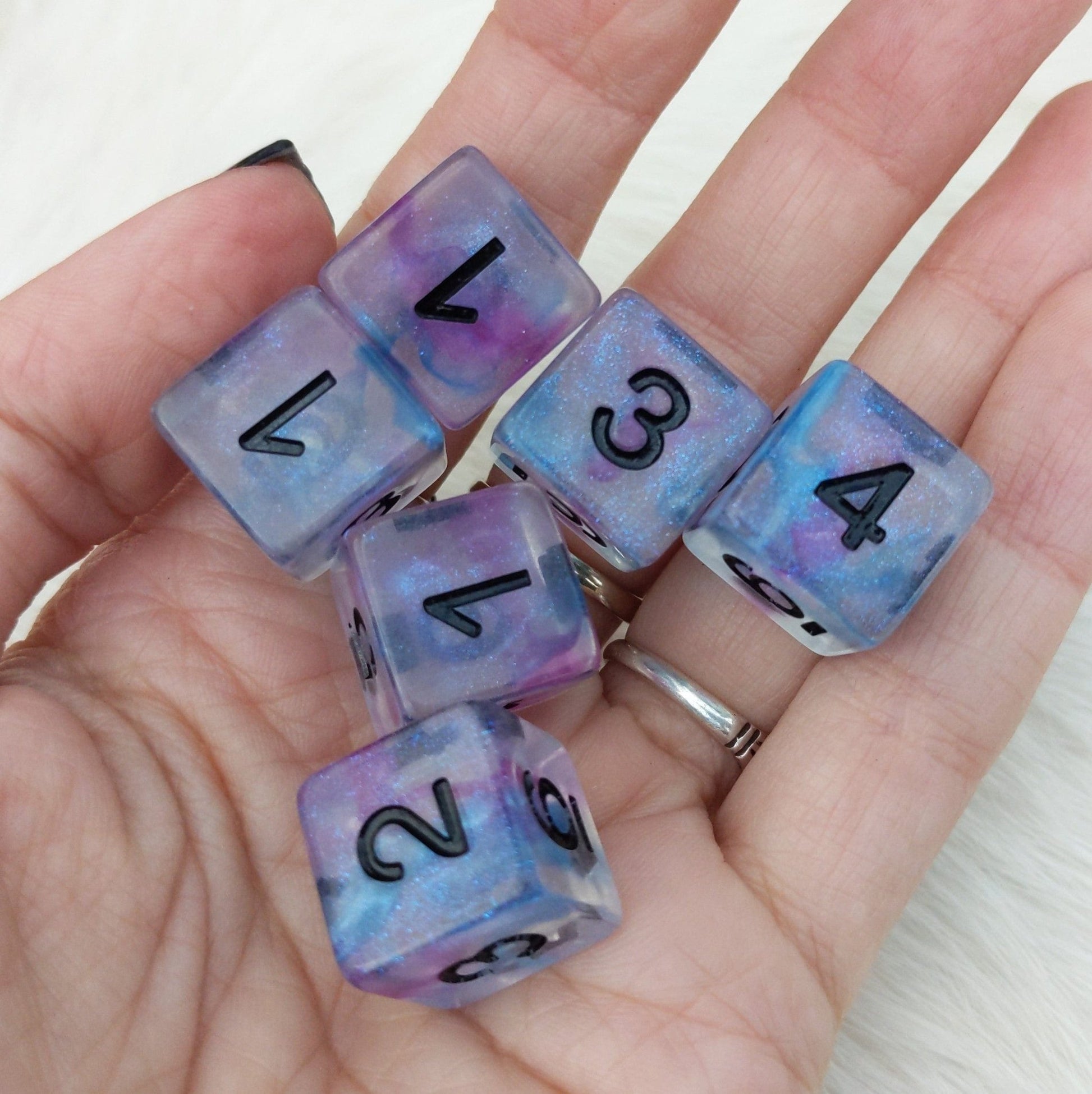 Ceremonial Chrome D6 Set – 6-Piece Clear Micro Shimmer Blue Purple Ink Black Font Dice Sets & Games Fennek and Finch