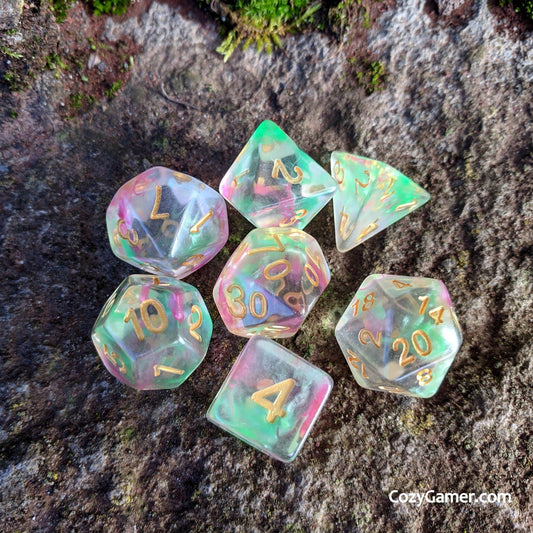 Charmer Dice Set – 7 - Piece Pink Green Swirl Charisma DnD Dice - Fennek and Finch