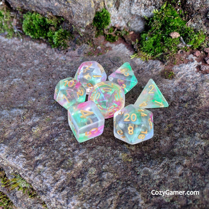 Charmer Dice Set – 7-Piece Pink Green Swirl Charisma DnD Dice Dice sets Fennek and Finch
