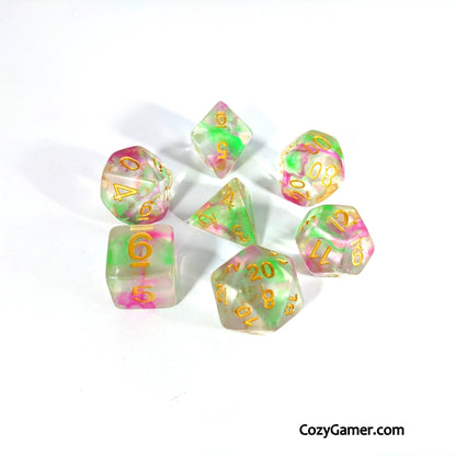 Charmer Dice Set – 7-Piece Pink Green Swirl Charisma DnD Dice Dice sets Fennek and Finch
