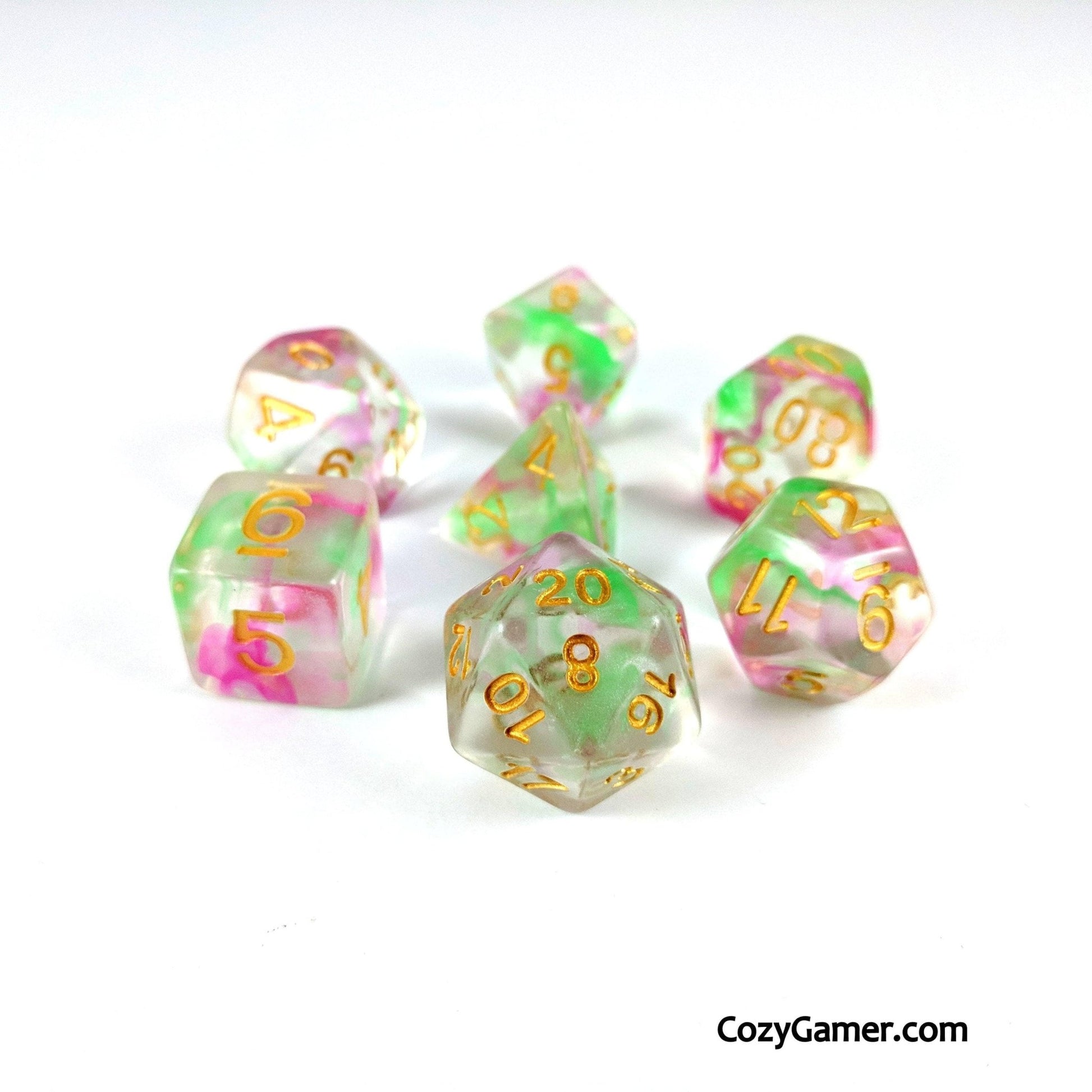 Charmer Dice Set – 7-Piece Pink Green Swirl Charisma DnD Dice Dice sets Fennek and Finch