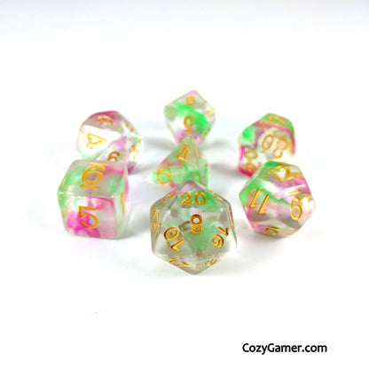 Charmer Dice Set – 7-Piece Pink Green Swirl Charisma DnD Dice Dice sets Fennek and Finch