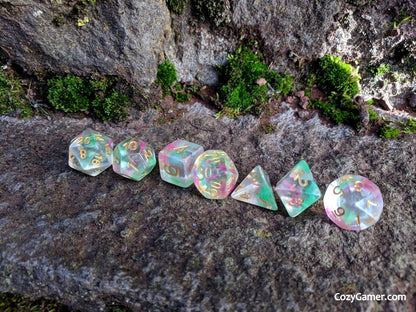 Charmer Dice Set – 7-Piece Pink Green Swirl Charisma DnD Dice Dice sets Fennek and Finch