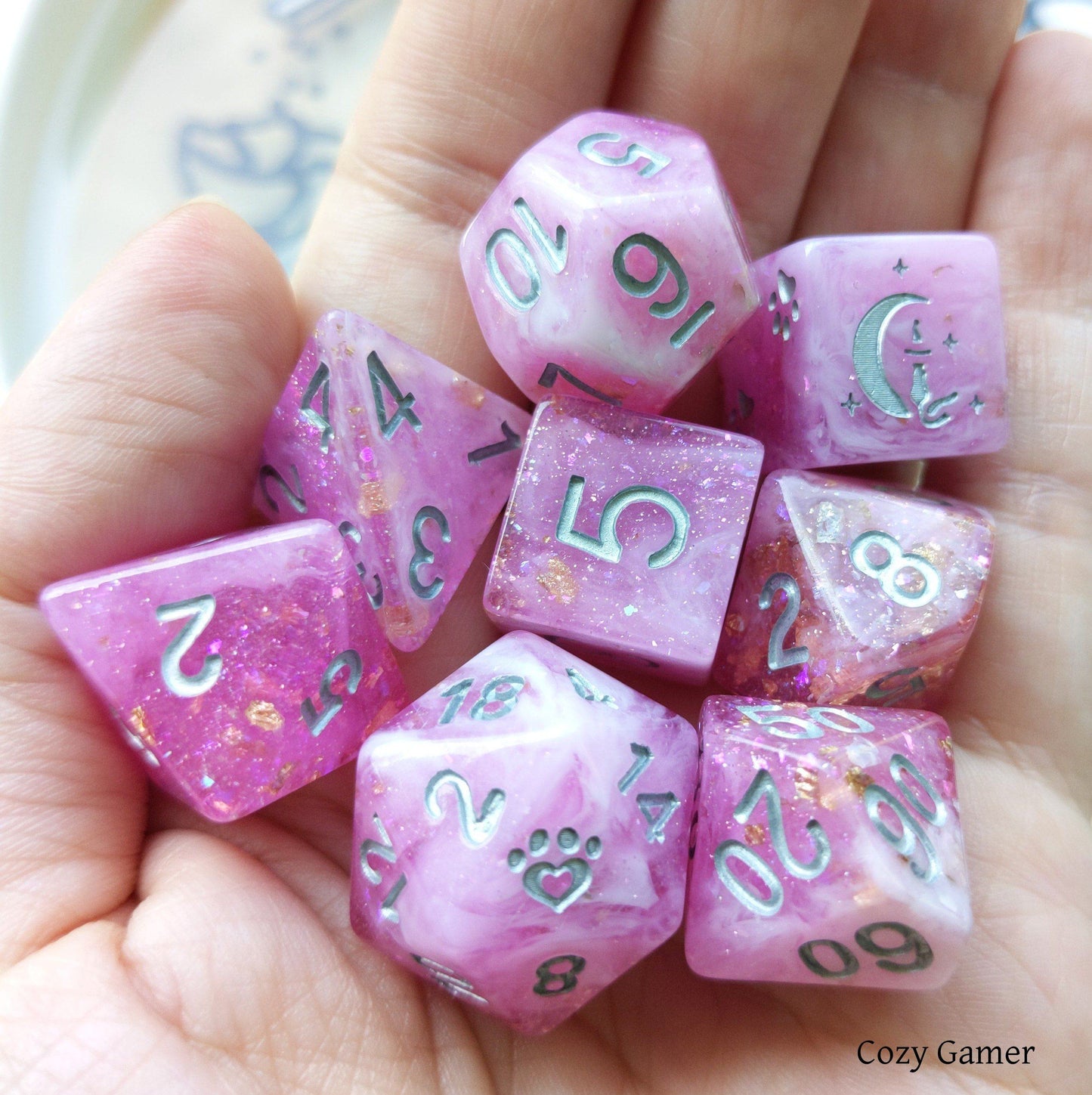 Cherry Blossom 8 Piece Dice Set. Clear Pink and White Marble, with Glitter and Foil - CozyGamer