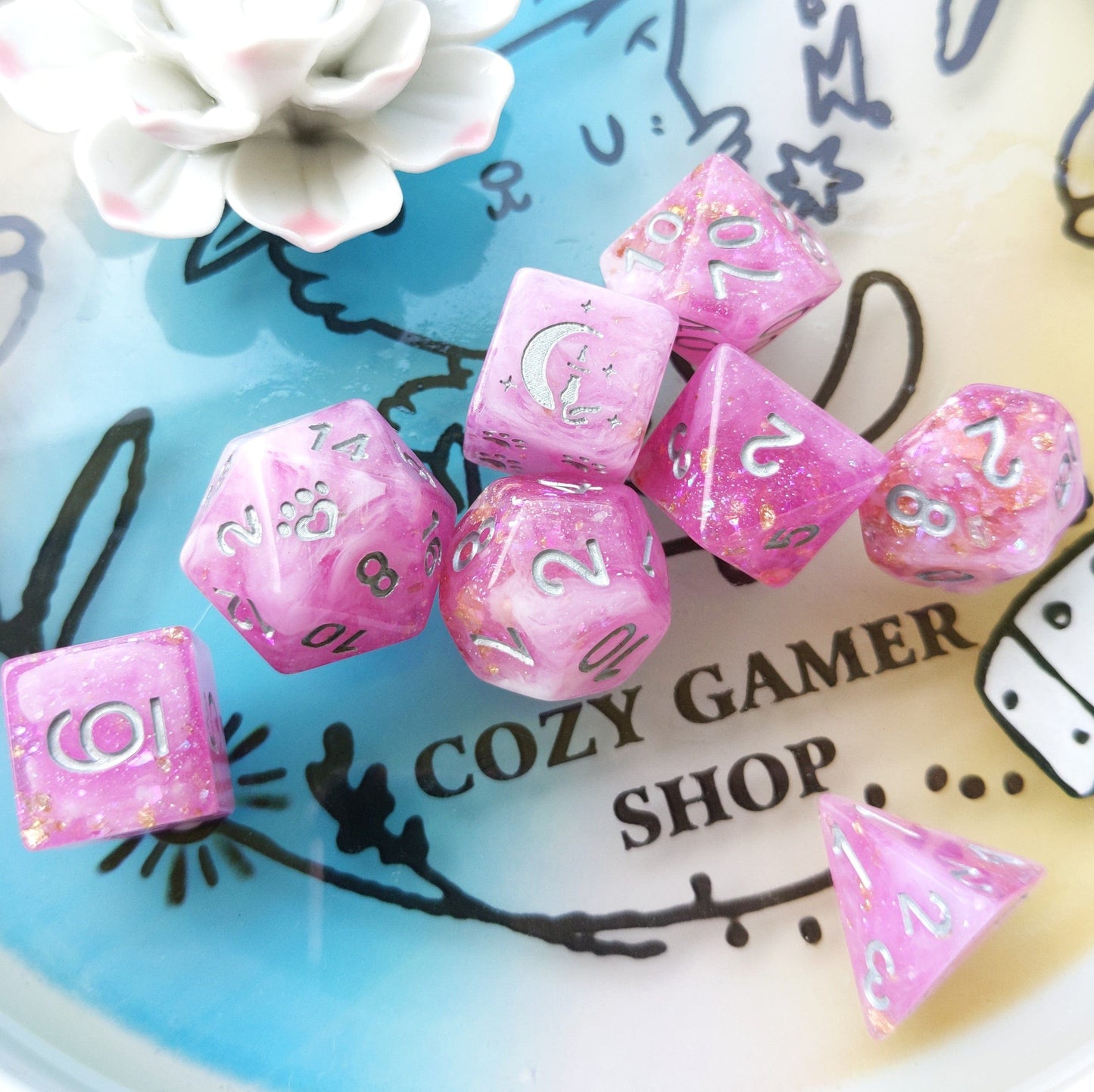 Cherry Blossom 8 Piece Dice Set. Clear Pink and White Marble, with Glitter and Foil - CozyGamer