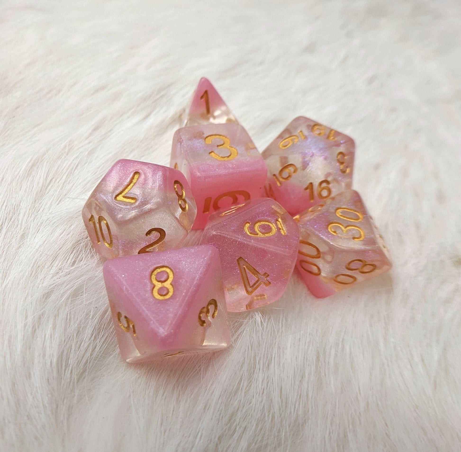 Cherry Blossom Dice Set – 7 - Piece Translucent Micro Shimmer Pink Pearly Bottom - Fennek and Finch