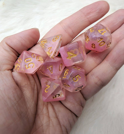 Cherry Blossom Dice Set – 7 - Piece Translucent Micro Shimmer Pink Pearly Bottom - Fennek and Finch