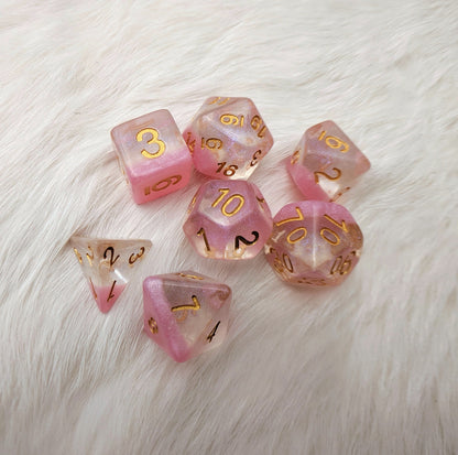Cherry Blossom DnD Dice Set, Shimmering Translucent Glitter Dice with a Pink Bottom Layer - CozyGamer