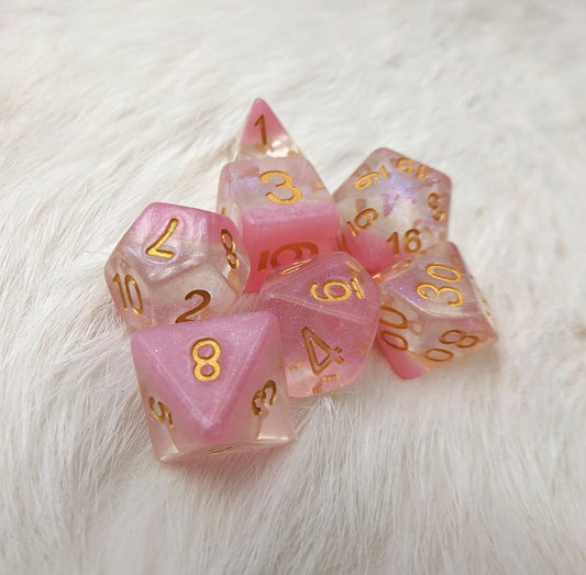 Cherry Blossom DnD Dice Set, Shimmering Translucent Glitter Dice with a Pink Bottom Layer - CozyGamer