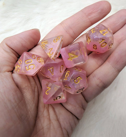 Cherry Blossom DnD Dice Set, Shimmering Translucent Glitter Dice with a Pink Bottom Layer - CozyGamer