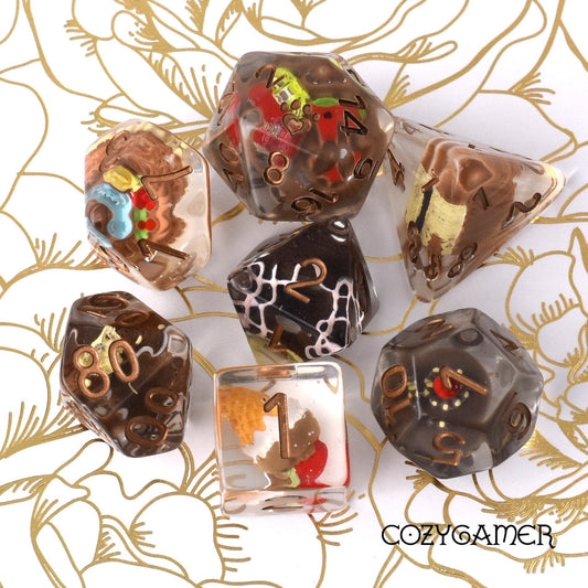 Chocolate Pastry Dice Set. 7 Piece large dice set with miniature pastries inside.
