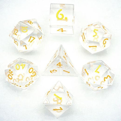 Clear Glass Dice Set – 7-Piece Semi Precious Gemstone Gold Font TTRPG Dice Dice sets Fennek and Finch