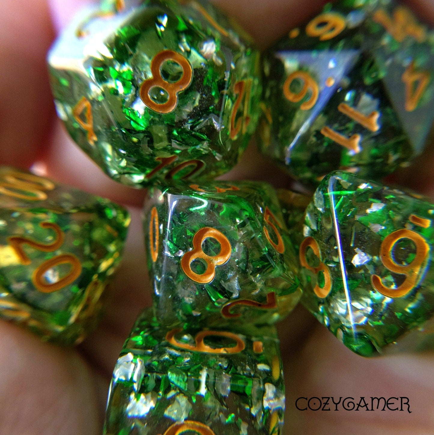 Clear Green Scepter Dice Set. Translucent with Green and Silver Flakes