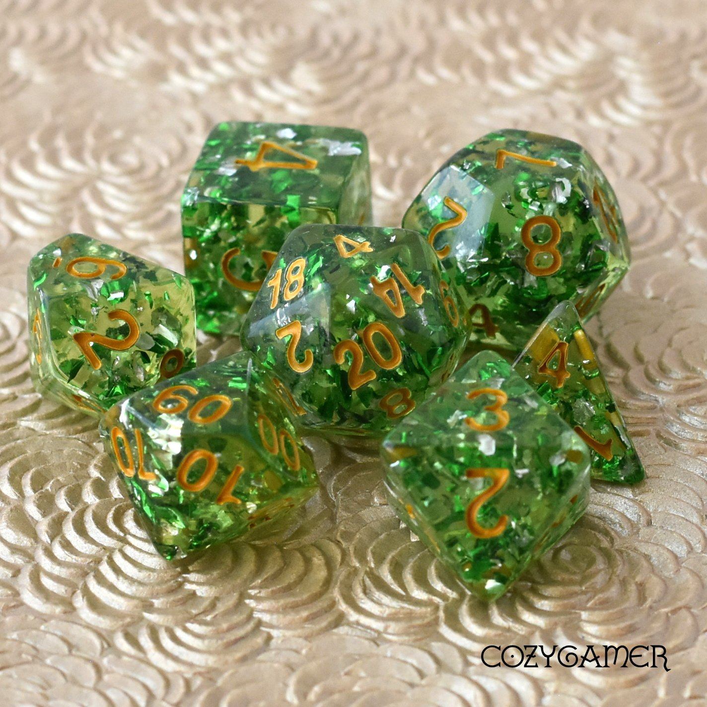 Clear Green Scepter Dice Set. Translucent with Green and Silver Flakes