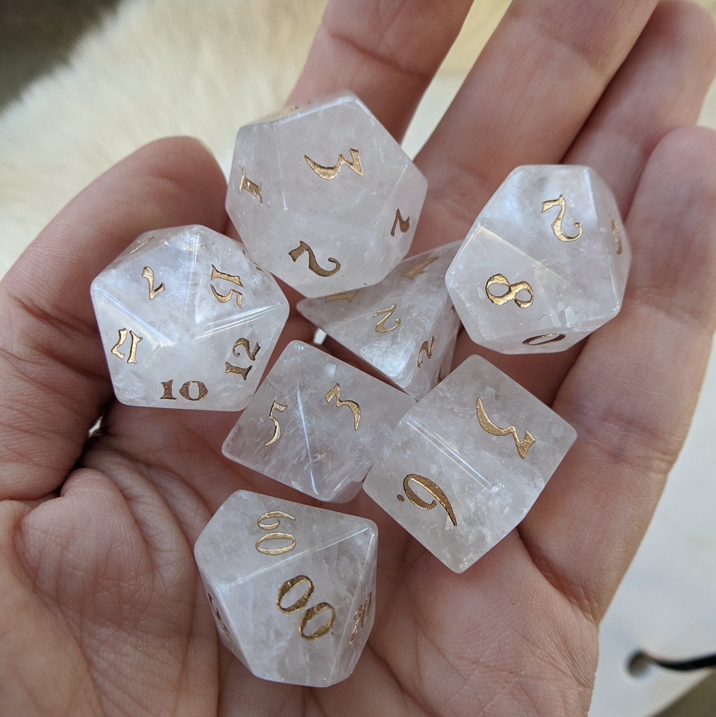 Clear Quartz Gemstone Dice Set for TTRPG, Handcrafted 7 Piece, Perfect for Fantasy Role Playing Games