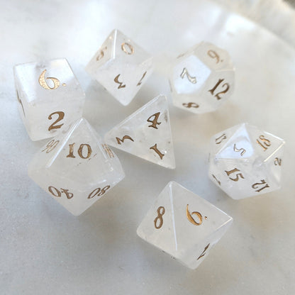 Clear Quartz Dice Set. Real Gemstone 7 Piece TTRPG Dice - CozyGamer