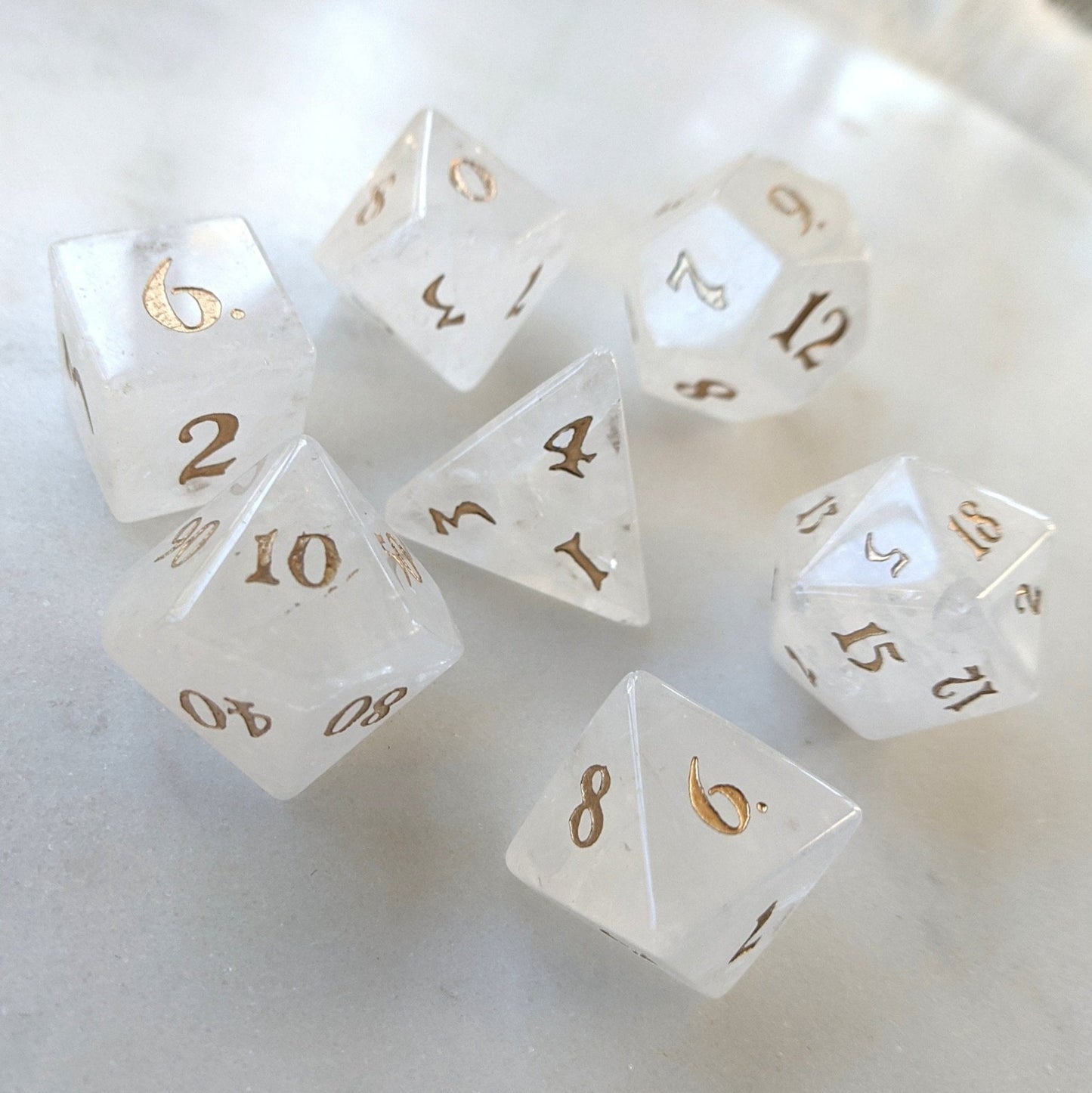 Clear Quartz Gemstone Dice Set – 7-Piece Real Crystal Stone DnD Dice Dice sets Fennek and Finch