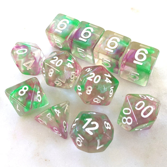 11 Piece Dice Set. Clear Resin with Purple and Green - CozyGamer