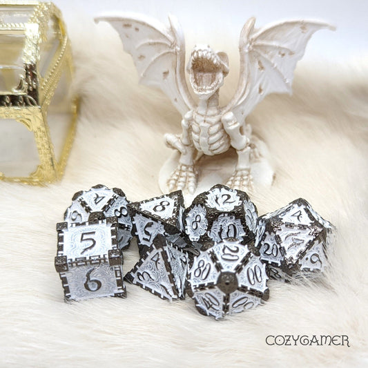 Cloud Dagger Metal Dice Set – 7 - Piece Black White DnD Dice - Fennek and Finch