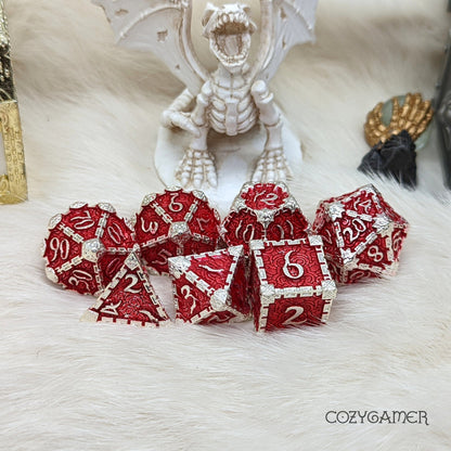 Cloud Dagger Metal Dice Set – 7 - Piece Red Silver DnD Dice - Fennek and Finch