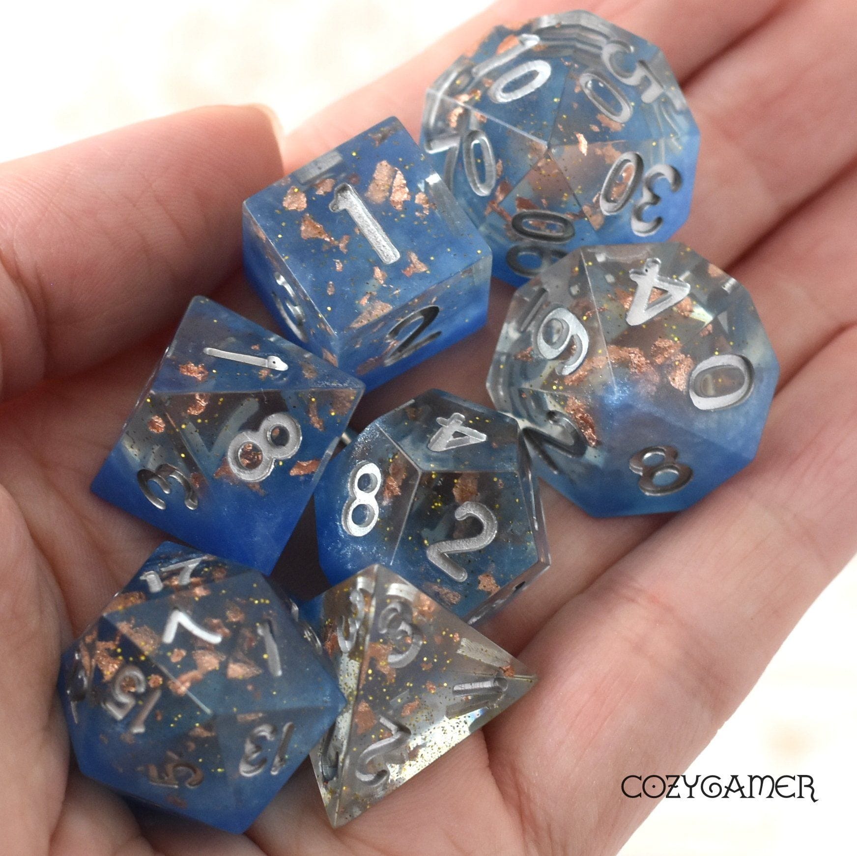 Cloud Palace Dice Set – Clear Sharp Edge with Blue Clouds, Copper Foil & Glitter Dice Sets & Games Fennek and Finch