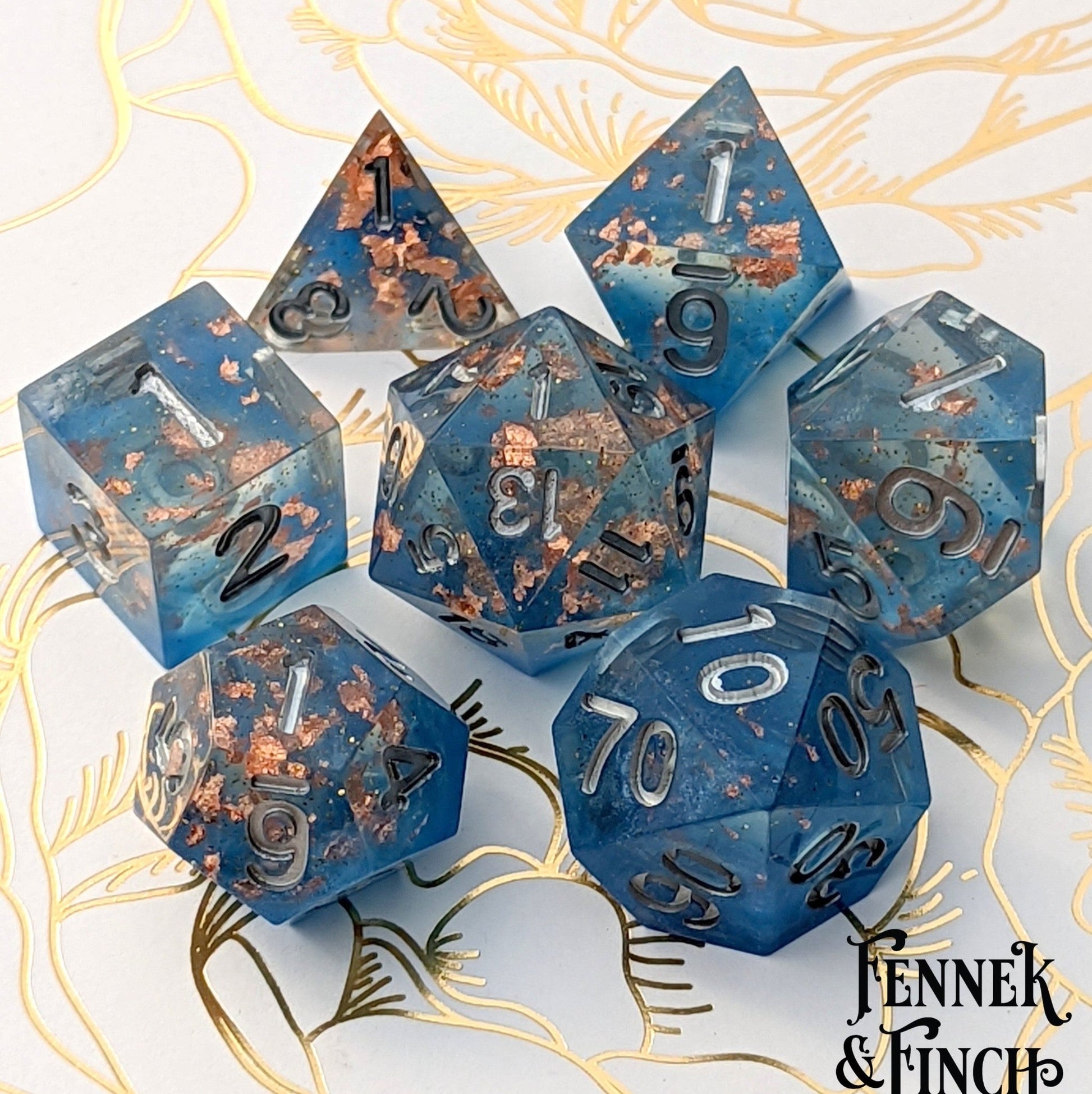 Cloud Palace Dice Set – Clear Sharp Edge with Blue Clouds, Copper Foil & Glitter Dice Sets & Games Fennek and Finch