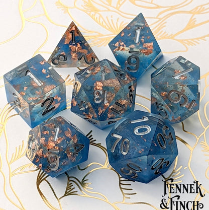 Cloud Palace Dice Set – Clear Sharp Edge with Blue Clouds, Copper Foil & Glitter Dice Sets & Games Fennek and Finch