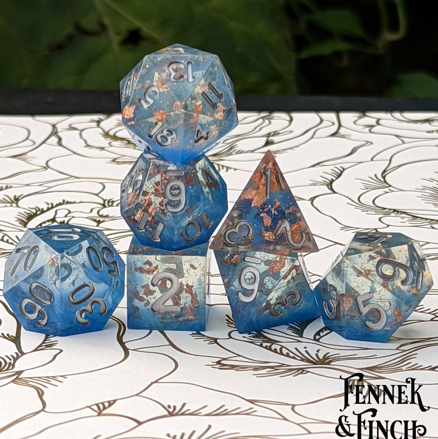 Cloud Palace Dice Set – Clear Sharp Edge with Blue Clouds, Copper Foil & Glitter Dice Sets & Games Fennek and Finch