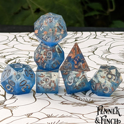 Cloud Palace Dice Set – Clear Sharp Edge with Blue Clouds, Copper Foil & Glitter Dice Sets & Games Fennek and Finch