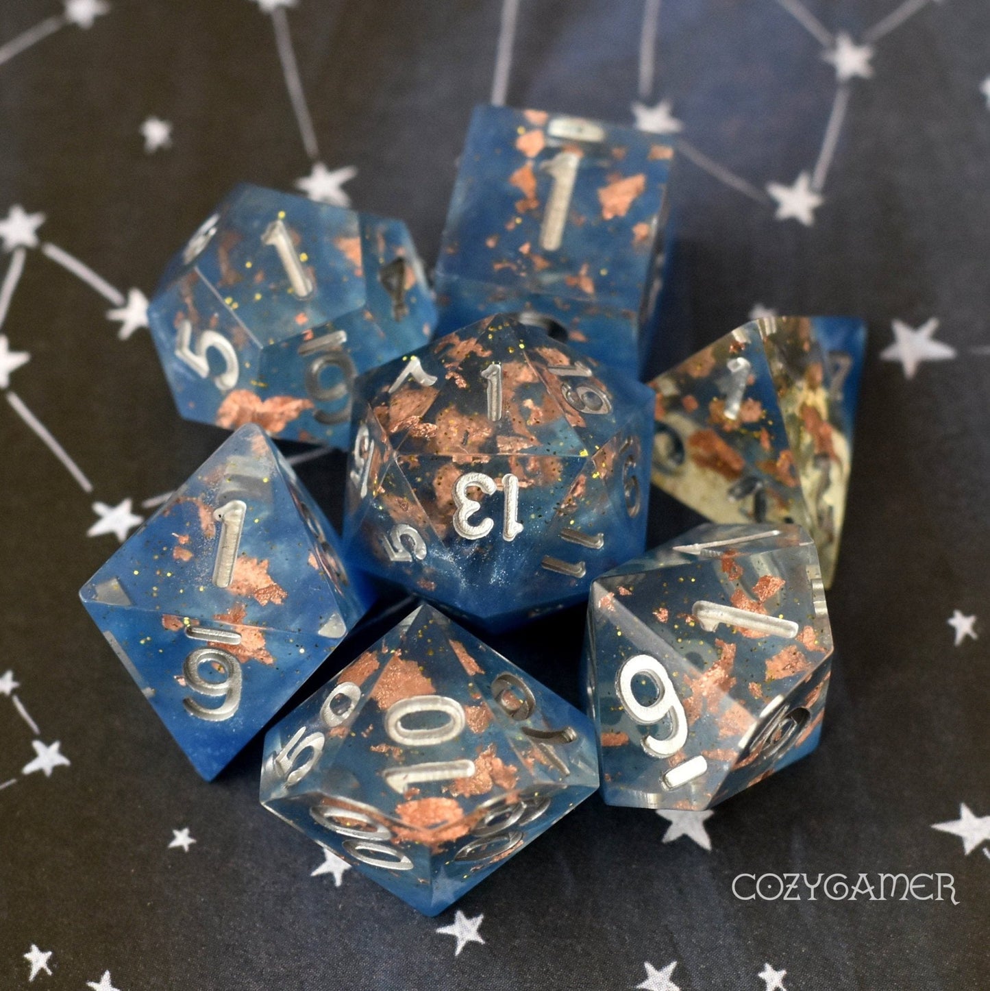 Cloud Palace Dice Set – Clear Sharp Edge with Blue Clouds, Copper Foil & Glitter Dice Sets & Games Fennek and Finch